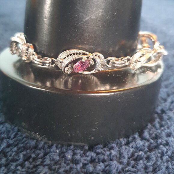 Rare Vintage Filigree Sterling Purple Rhinestone Crystal Art Nouveau Bracelet - Picture 14 of 15